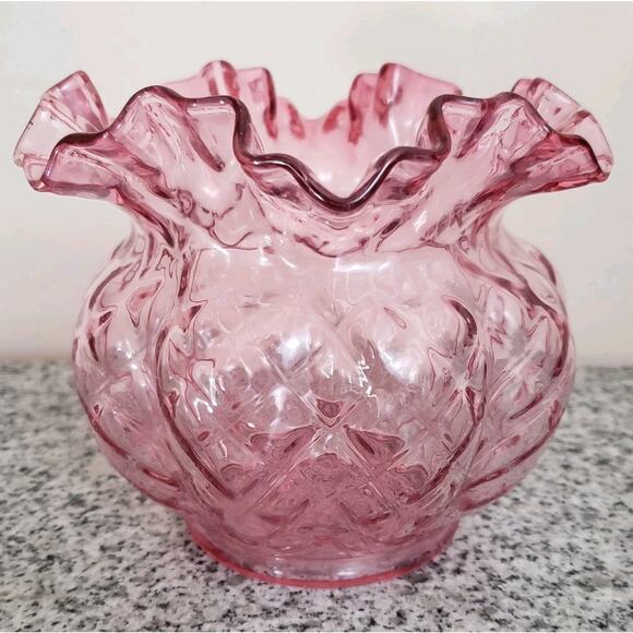 Fenton Other - Vintage Midcentury Fenton Art Glass Cranberry Vase Ruffled Diamond Optic 5”